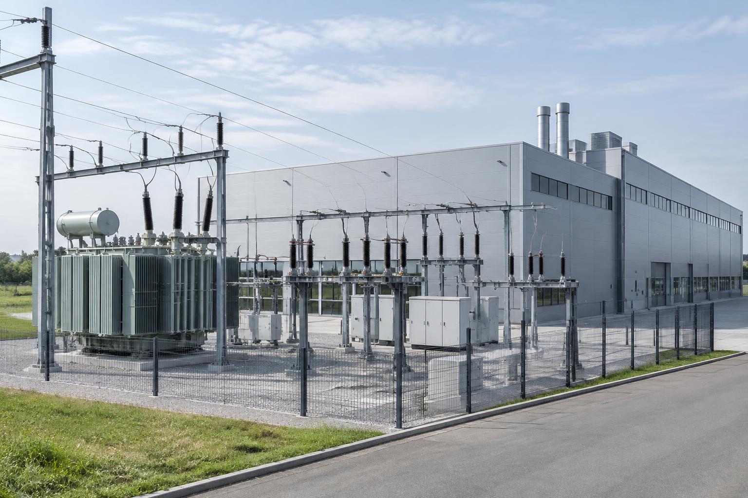 Umspannwerk mit Transformatoren vor einer Industriehalle bei Tageslicht
